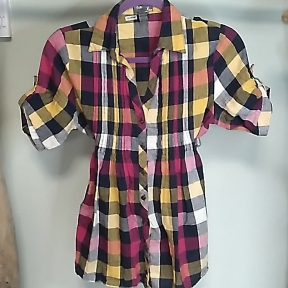 Poetry colourful checkered pattern Full button up rouched upper s